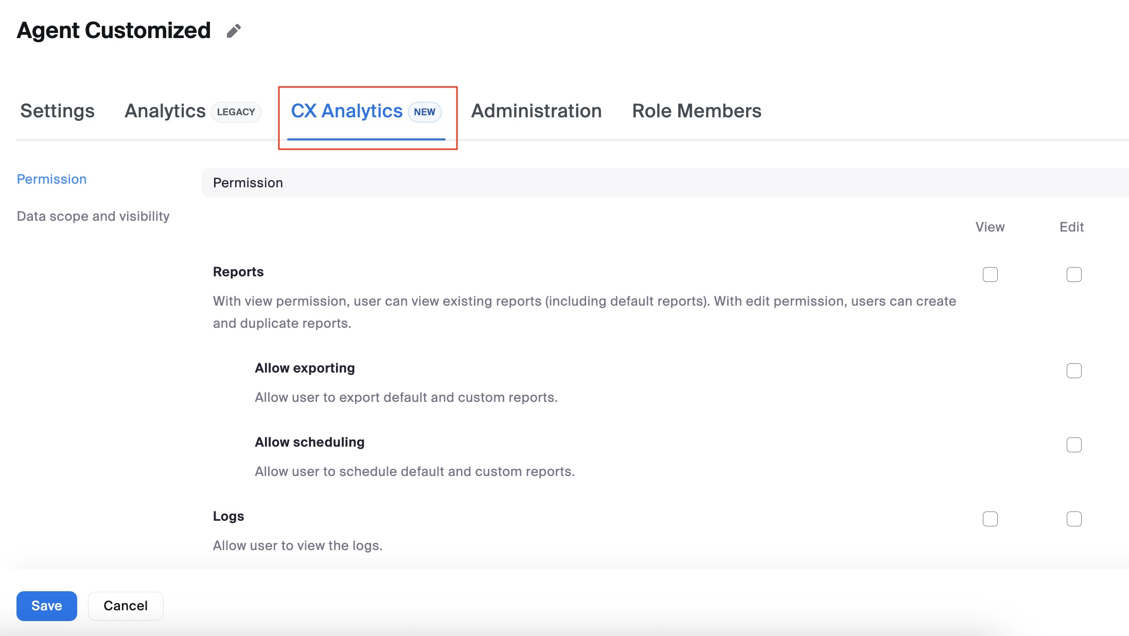 An image showing the CX Analytics tab of the Zoom admin portal.