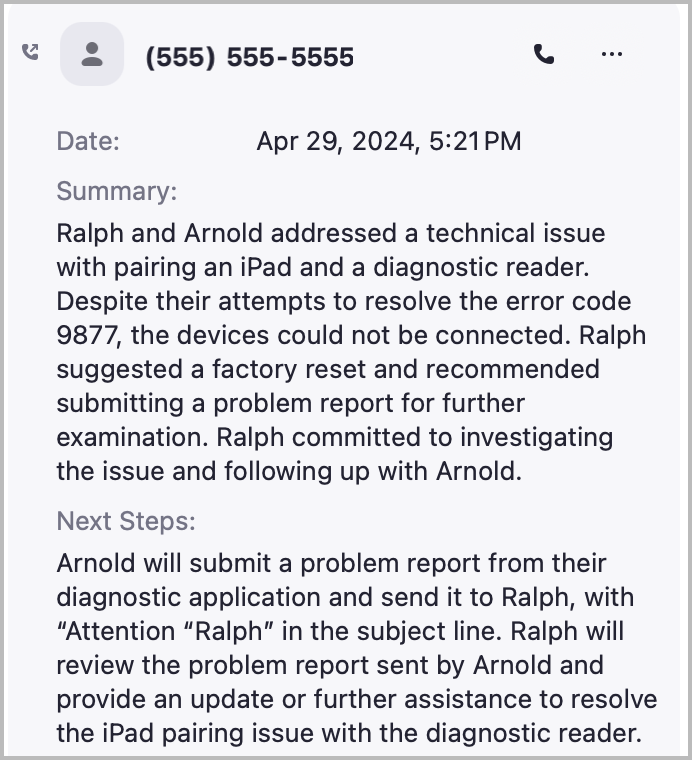 Image demonstrating a Zoom Phone call summary and next steps.