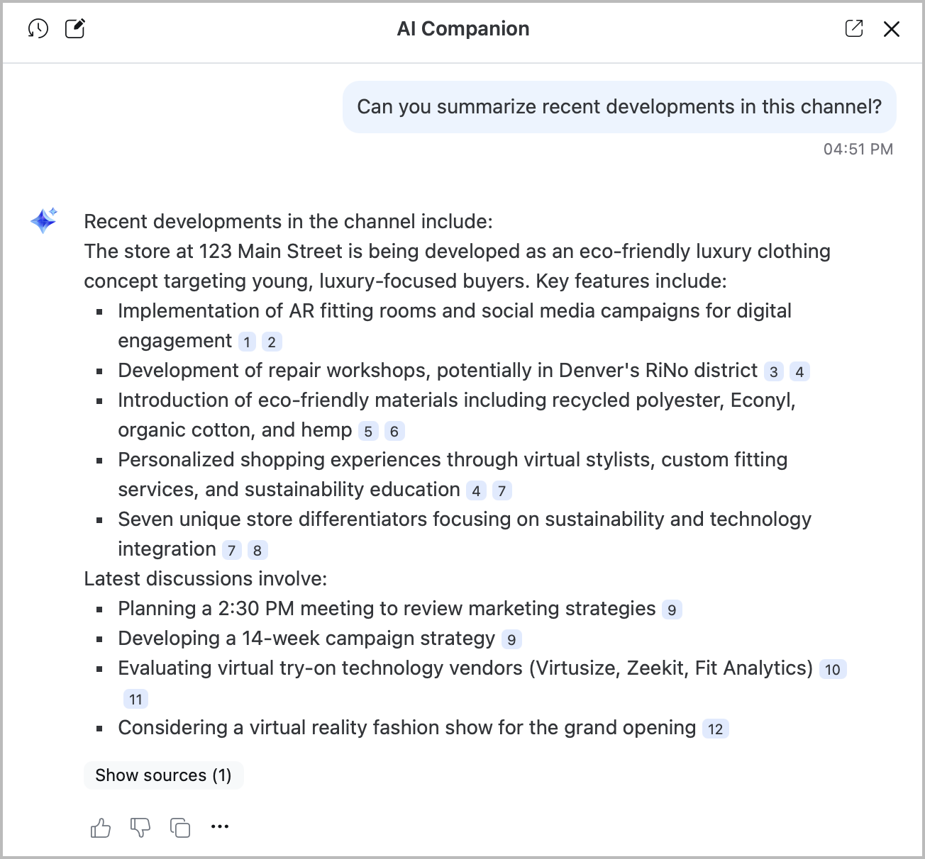 An image demonstrating AI Companion summarizing recent messages in a Zoom Team Chat channel